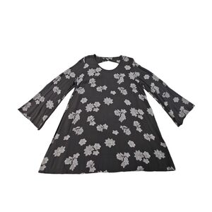 Mossimo Dress Women M Gray Floral Bell Sleeve Shift Back Cutout Boho Mini Dress